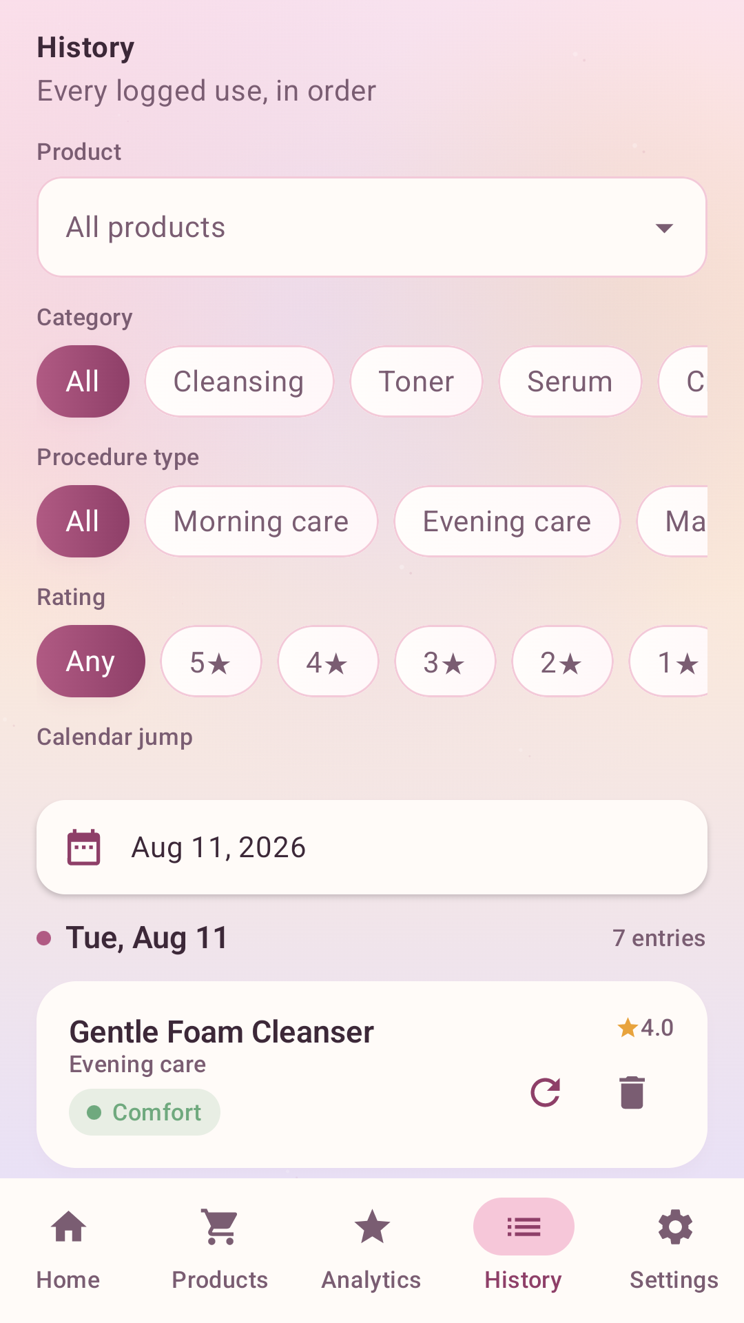 Beauty Stats Hub history screen